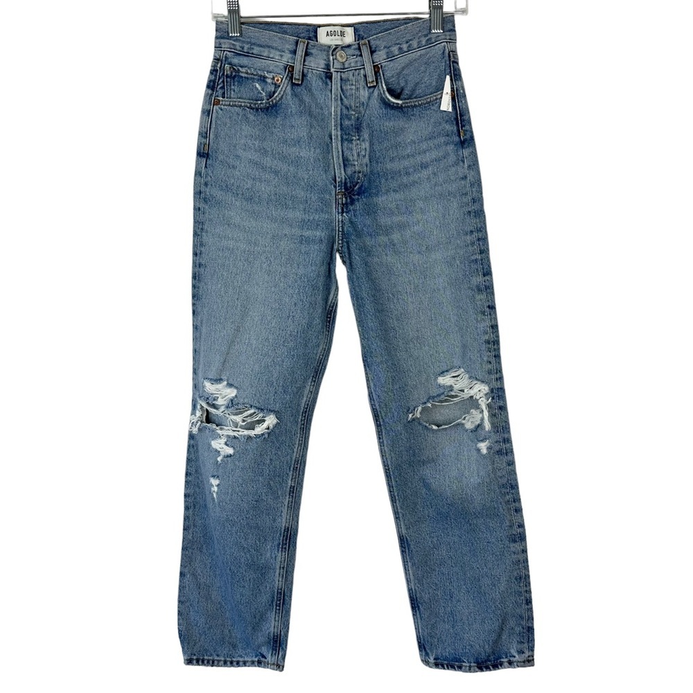 NWT Agolde Sz 23 Women's Blue Distressed Button Fly 90s Crop Jeans - Picture 2 of 15